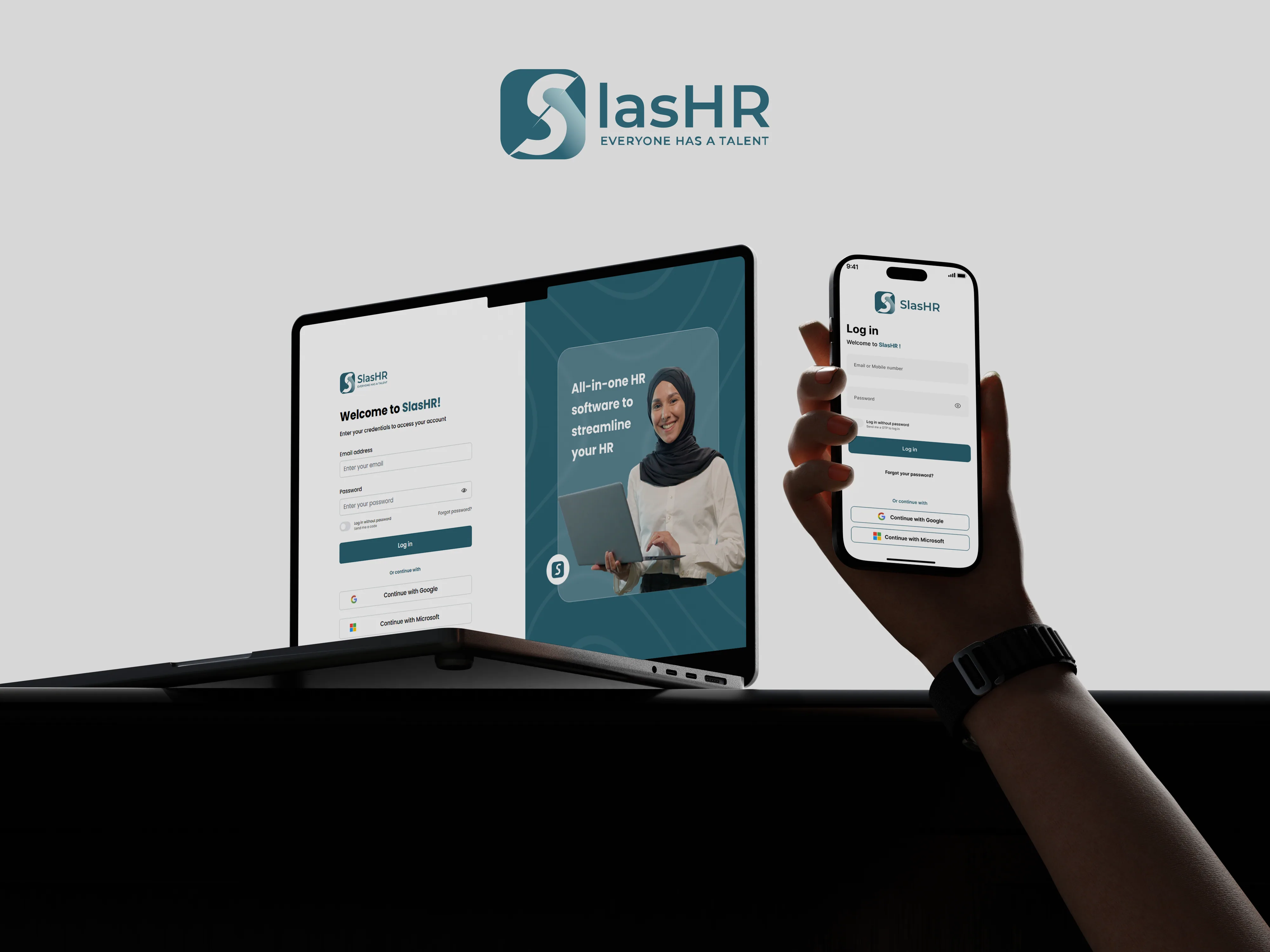 SlasHR secure administration workspace shown on desktop and mobile