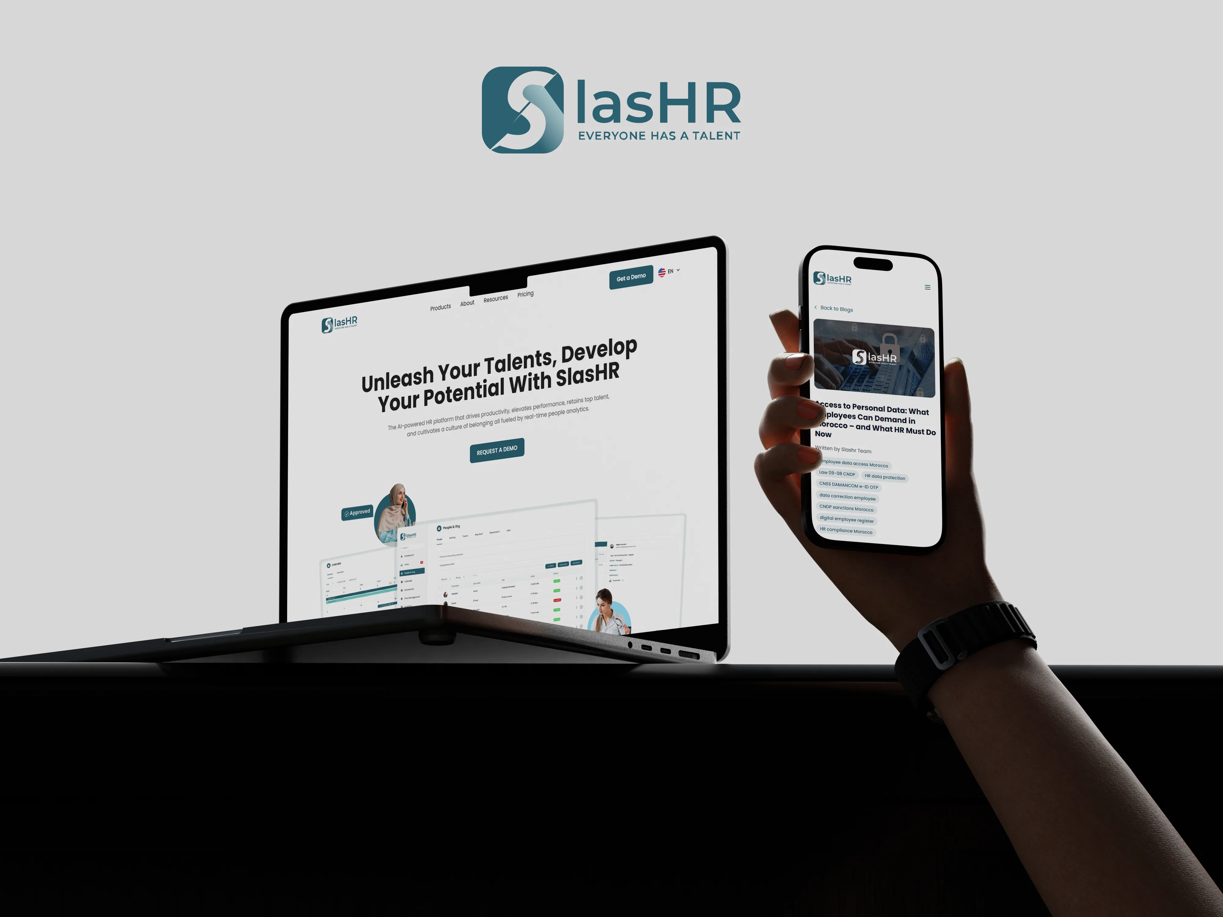 SlasHR public talent platform shown on desktop and mobile